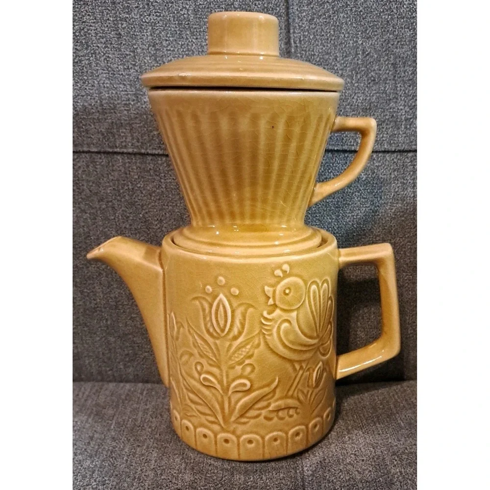 Vtg Yellow Hand Painted Ceramic‎ Tulip Pourover Teapot Made in Japan Farmhouse